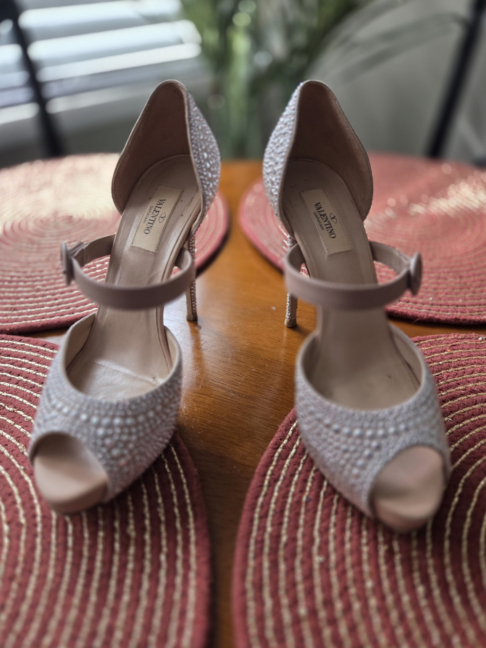 Valentino Blush Crystal D'Orsay Peep-Toe Heels